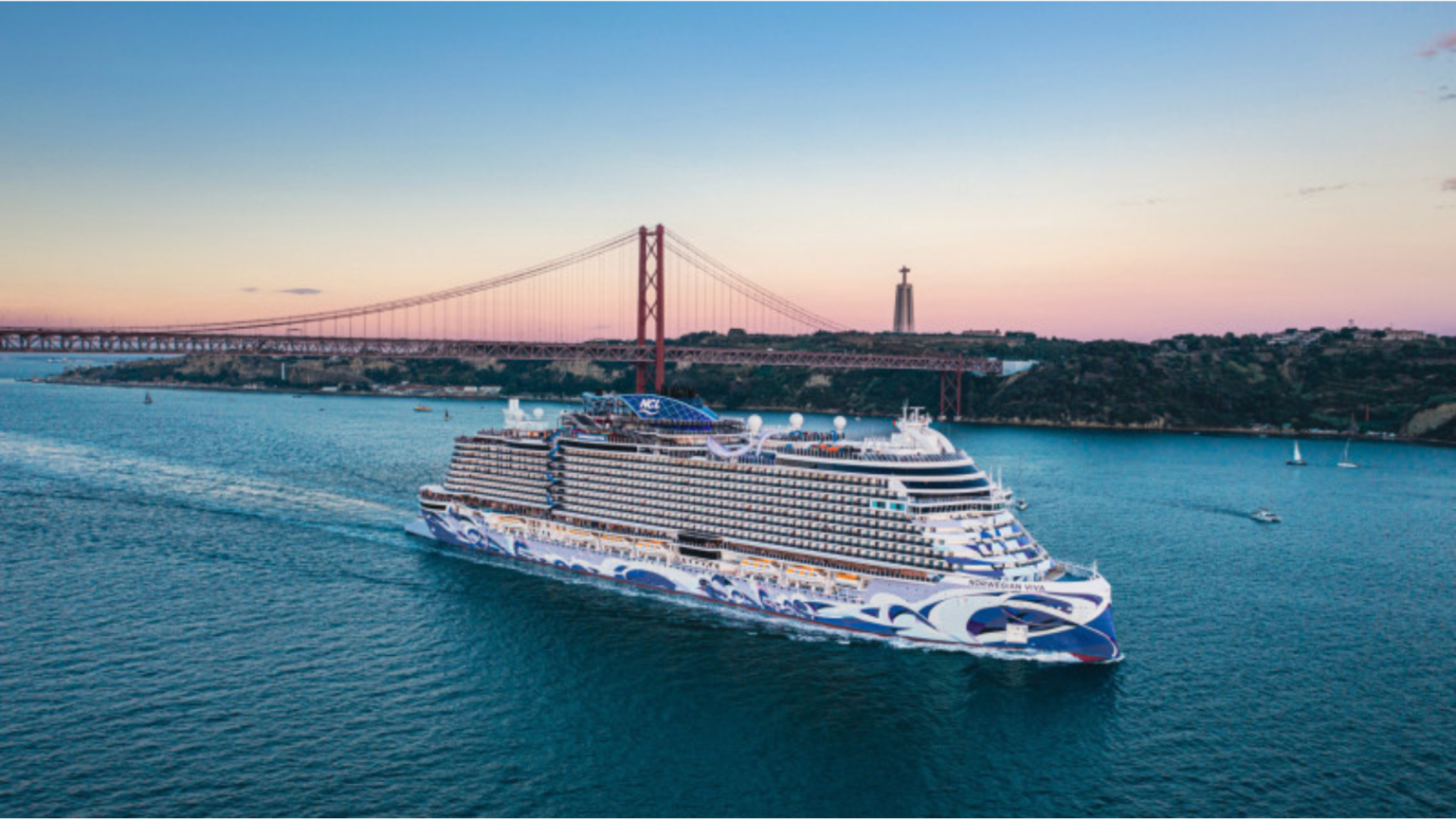 Norwegian Cruise Line cruise ship sailing away from the Golden Gate Bridge in San Francisco